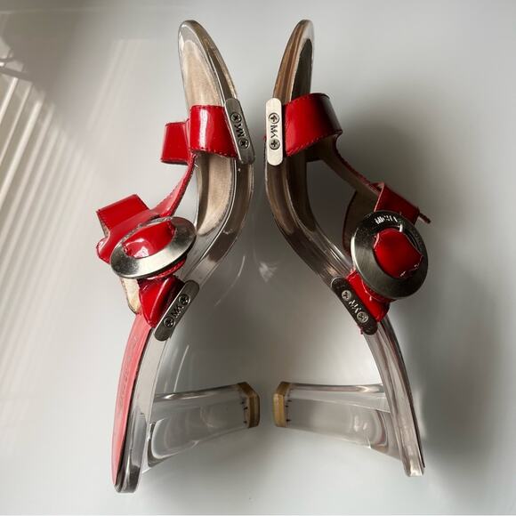 Michael Kors• Red Leather Sandals Platform Heels Silver Buckled Clear Heel - Picture 11 of 13